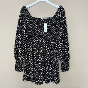 NEW Women M Smocked Top Cottage Long Sleeve Black Dalmatian Balloon Sleeve